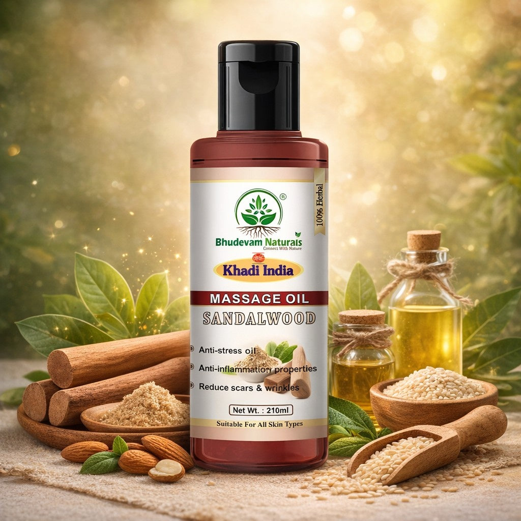 Bhudevam Naturals Khadi Aromatherapy Sandalwood Massage Body Oil for Stress Relief & Deep Skin Hydration- 210ML