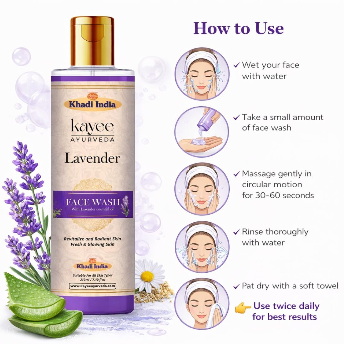 Kayee Ayurveda Lavender Face Wash for Men & Women | Herbal Facial Cleanser with Lavender for Daily Skin Care | Helps Remove Dirt, Excess Oil, Sweat & Impurities While Leaving Skin Fresh, Soft, Smooth & Refreshed | 210 ml