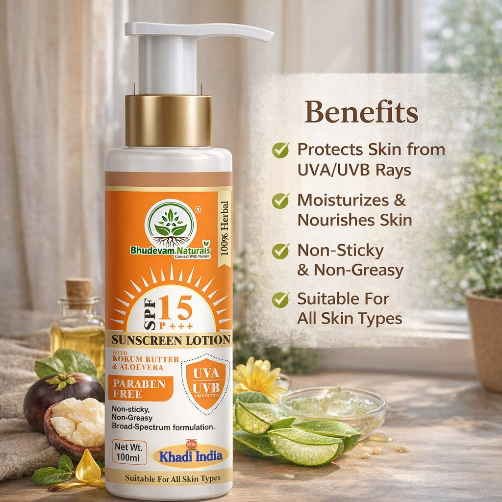 Bhudevam Naturals Khadi SPF 15 Sunblock Lotion for Face & Body | Daily UV Protection Moisturizing Sunscreen- 100ML