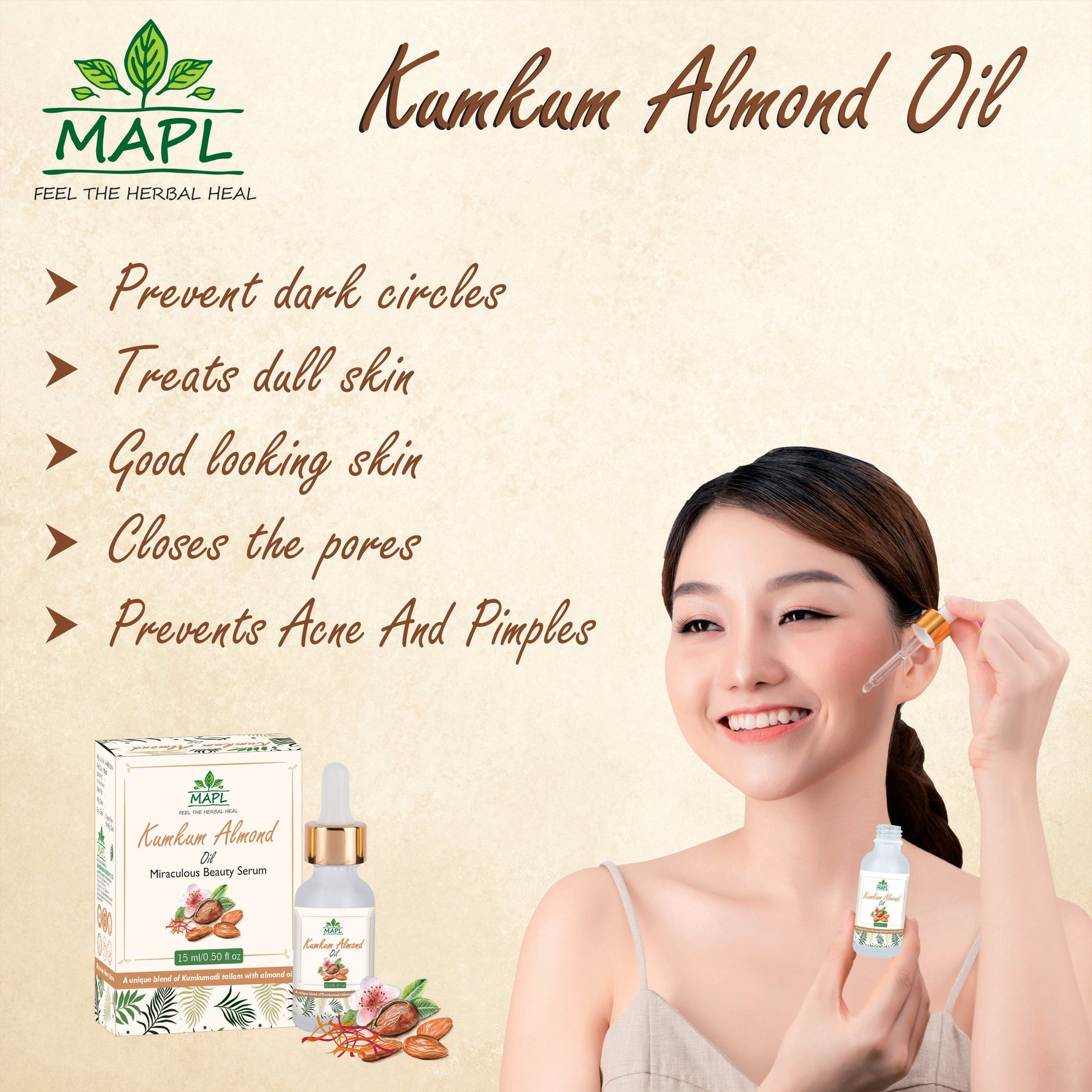 MAPL Kumkum Almond Oil | Ayurvedic Face Oil with Saffron & Almond | Enhances Glow, Skin Tone & Radiance | 15 ml
