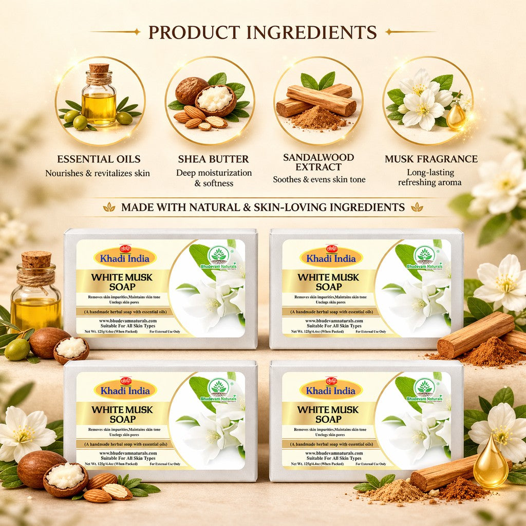 Bhudevam Naturals Khadi White Musk Soap – Luxury Fragrance Bath Soap for Soft & Smooth Skin- 500GM (Pack of 4)