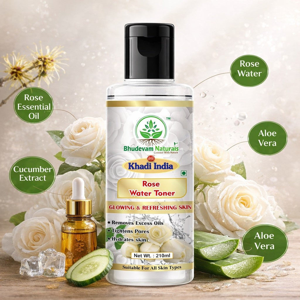 Bhudevam Naturals Khadi Rose Water Skin Toner for Glowing Skin, Hydration & Pore Tightening- 420ML (Pack of 2)