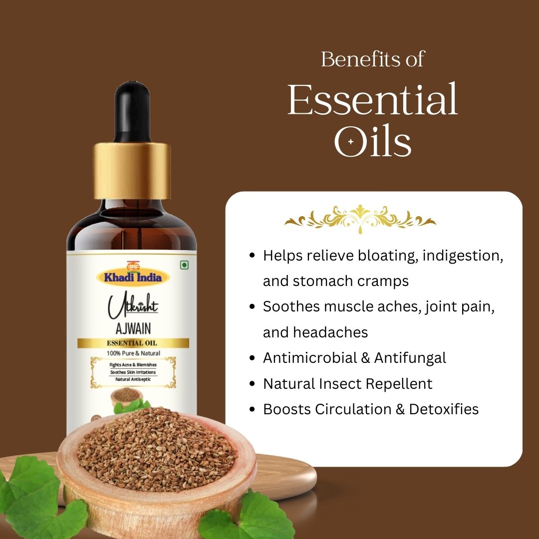 Khadi Ajwain Essential Oil | Pure & Natural Ajwain Oil for Body & Wellness Care | Herbal Essential Oil for Digestive Wellness, Massage & Relaxation | Aromatherapy Oil | 15 ml