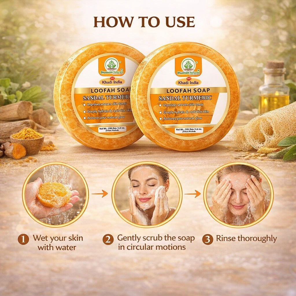 Bhudevam Naturals Khadi Sandal Turmeric Loofah Soap – Natural Exfoliating Bath Soap for Glowing & Clear Skin- 250GM (Pack of 2)