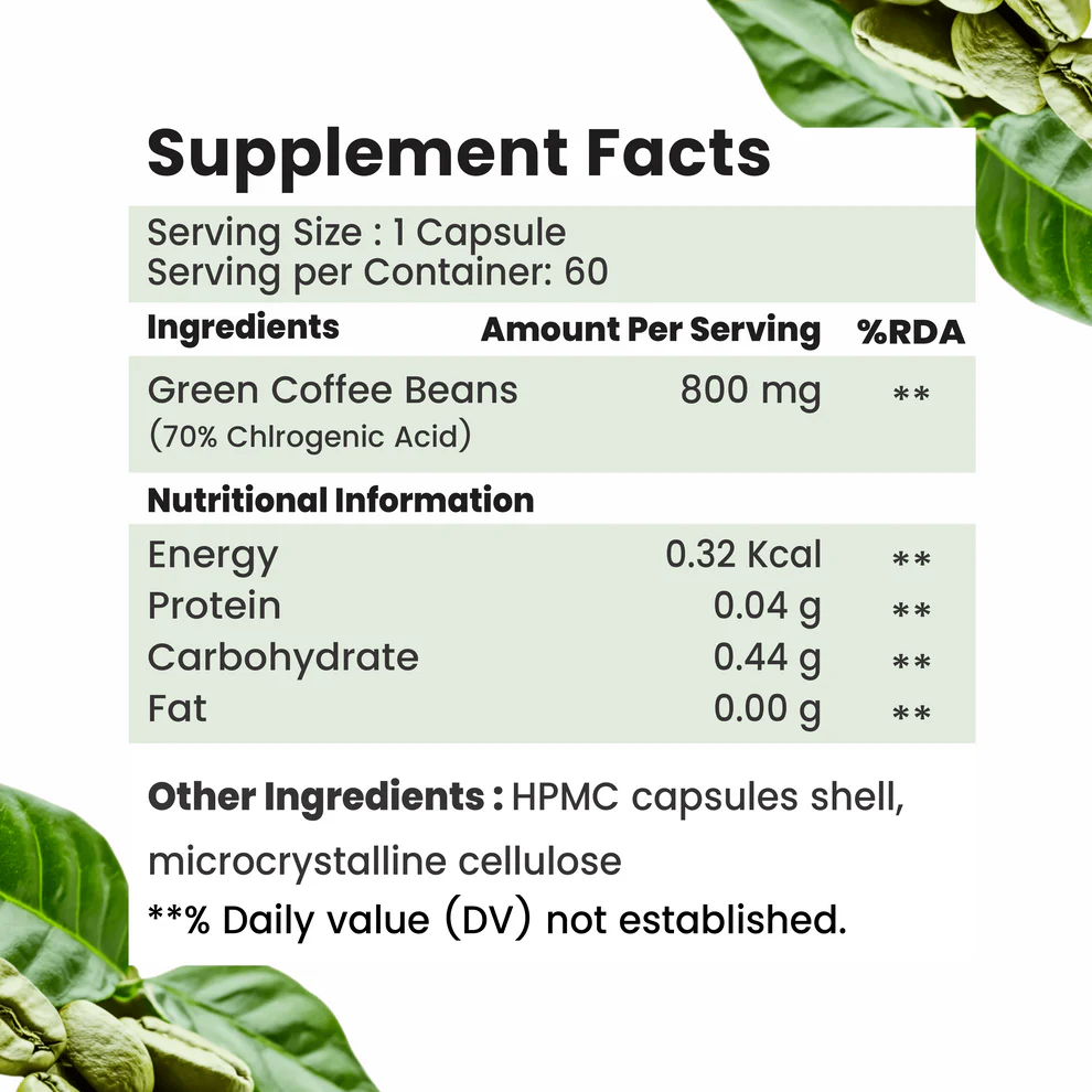 Raskam Green Coffee Bean 800 mg -60 Capsules with 50% CGA- Burns Extra Fat & Boosts Metabolism