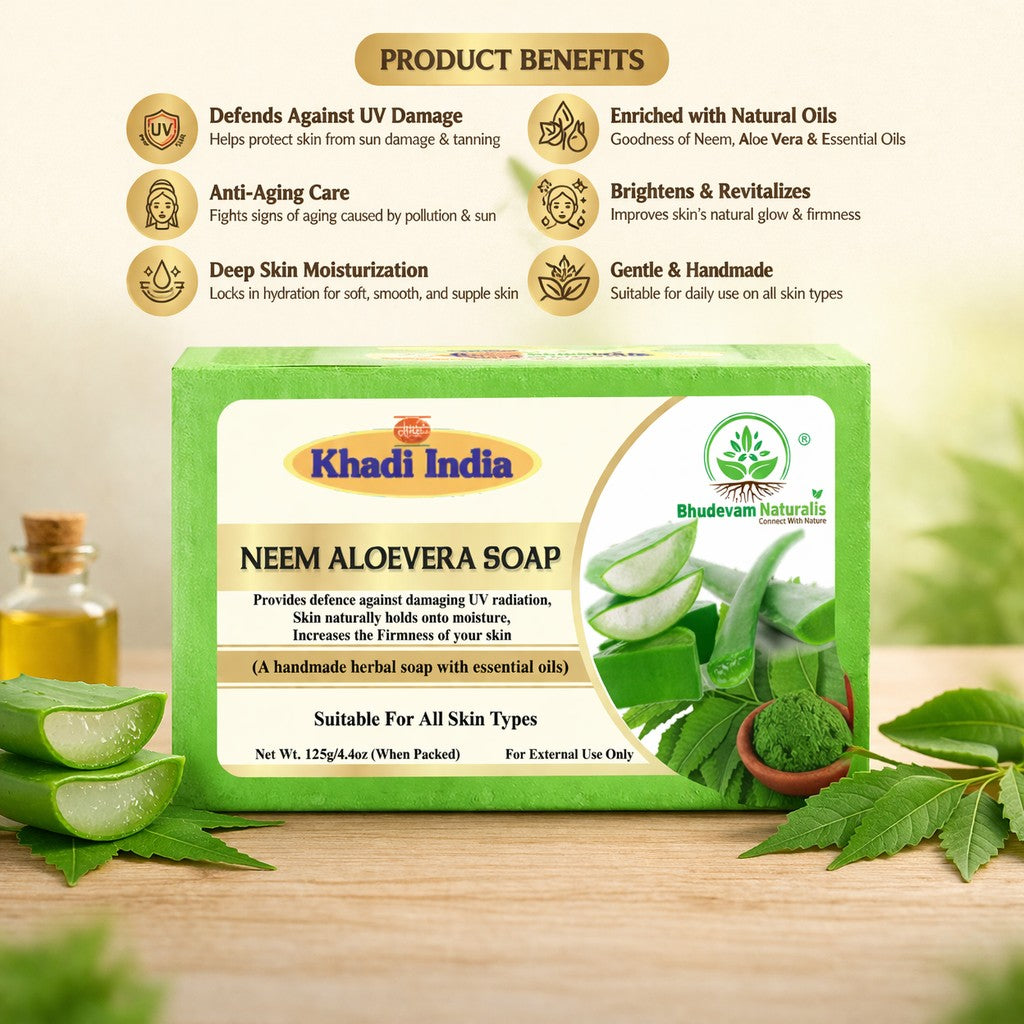 Bhudevam Naturals Khadi Handmade Neem Aloe Vera Soap – Anti-Acne & Skin Soothing Bath Soap- 500GM (Pack of 4)