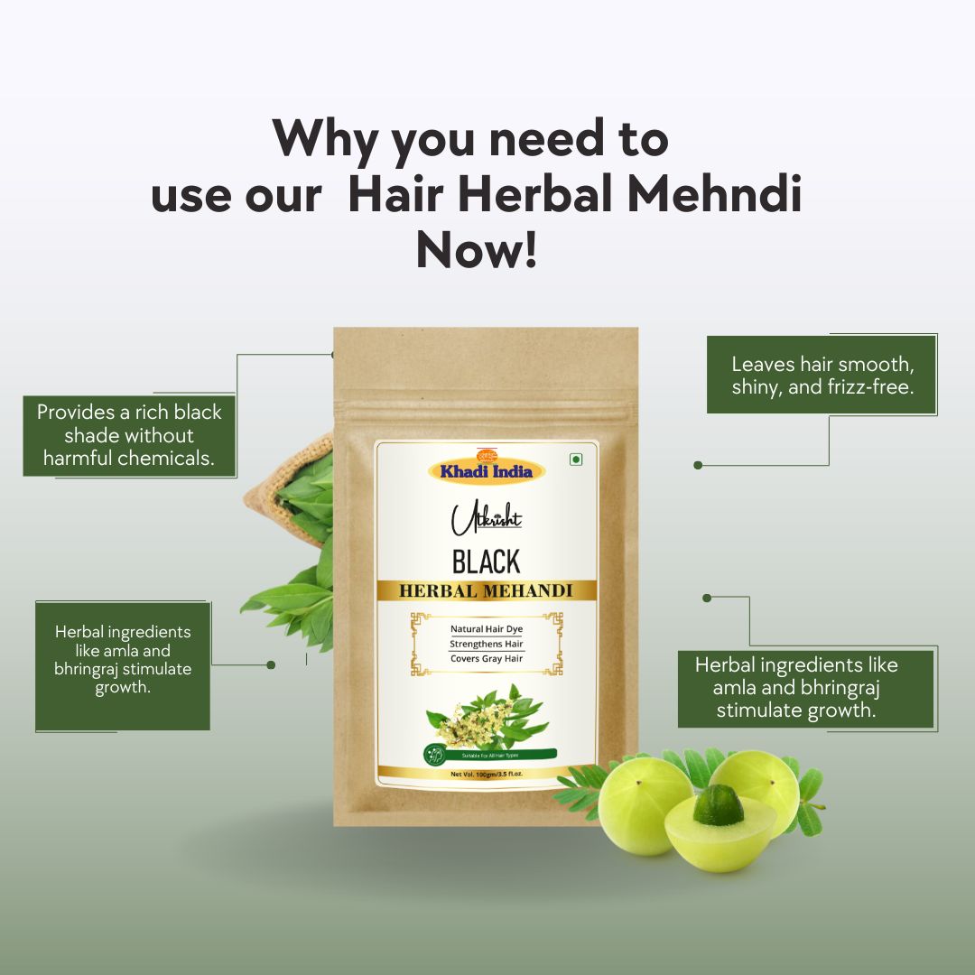 Khadi Black Hair Mehndi | Natural Henna-Based Hair Colour | With Amla, Bhringraj & Neem | Helps Cover Grey Hair & Condition Hair | 80 gm