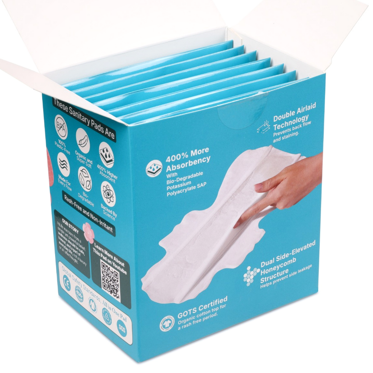 Hi Life Flow Easy Organic Period Pads 280mm | 100% Organic Cotton Top Sheet Sanitary Napkins for Regular & Medium Flow (Pack of 8)