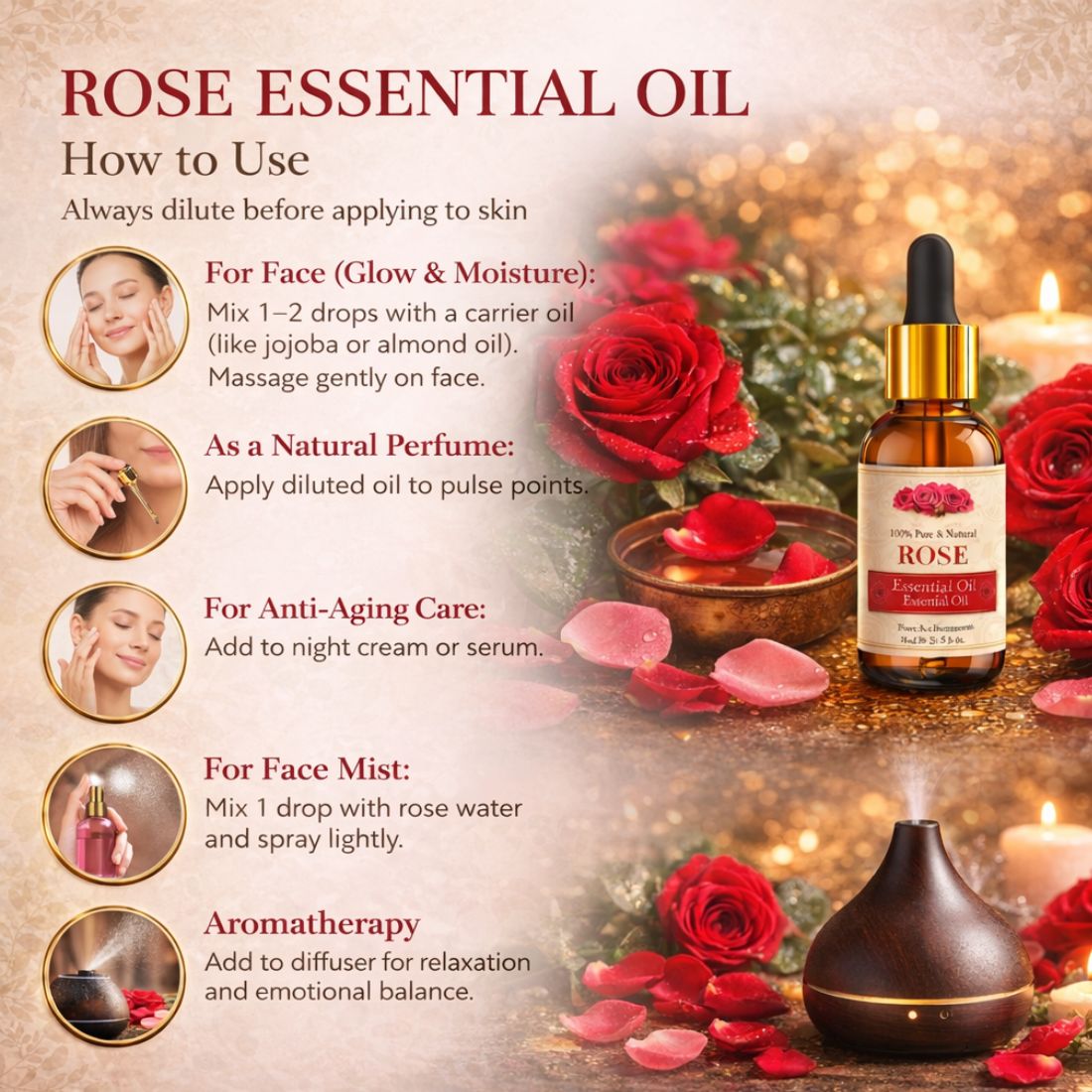 Kayee Ayurveda Rose Essential Oil, Rose Aroma Oil for Diffuser, Aromatherapy, Massage, Meditation, Yoga & Spa, Pleasant Floral Fragrance for Home, Personal Care & Relaxation | 15 ml