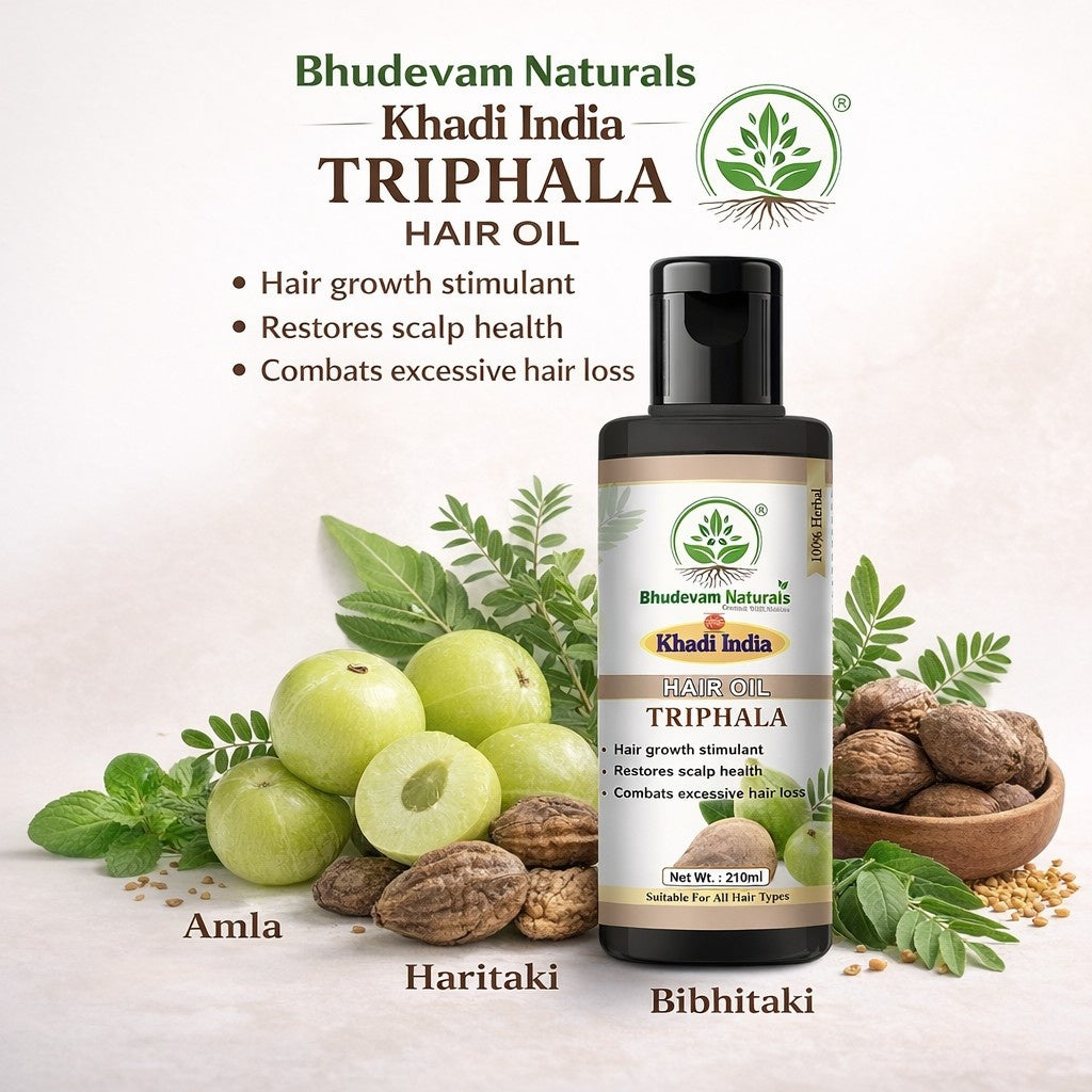 Bhudevam Naturals Khadi Triphla Hair Oil – Improves Hair Strength, Shine & Texture-210ML