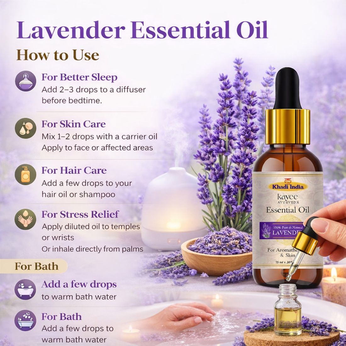 Kayee Ayurveda Lavender Essential Oil for Aromatherapy, Diffuser & Massage | Pure Lavender Aroma Oil for Relaxation, Meditation, Spa & Home Fragrance | Floral Essential Oil for Skincare, Hair Care & Personal Wellness | 15 ml