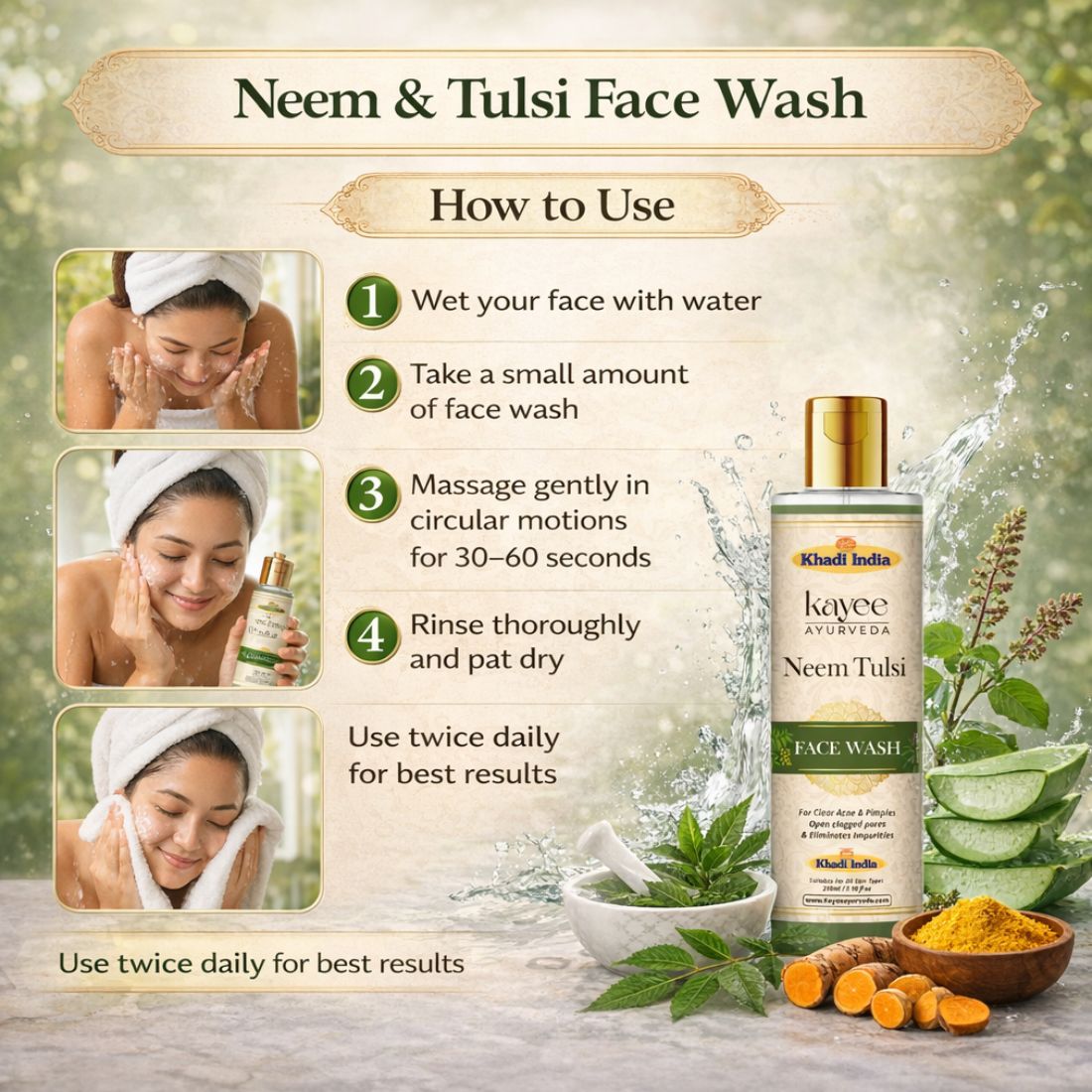 Kayee Ayurveda Neem Tulsi Facial Cleanser for Men & Women | Herbal Face Wash for Daily Skin Care | Neem & Tulsi Formula Helps Cleanse Dirt, Pollution, Excess Oil & Impurities While Supporting a Fresh, Smooth-Looking Complexion | 210 ml