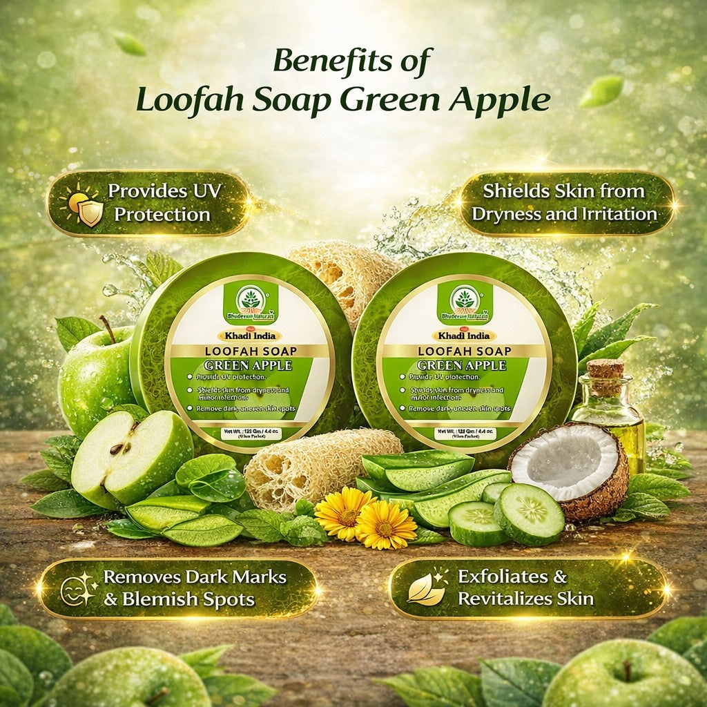 Bhudevam Naturals Khadi Green Apple Loofah Soap – Natural Exfoliating Bath Soap for Fresh & Glowing Skin- 250GM (Pack of 2)
