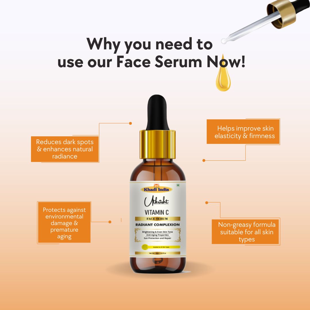 Khadi Vitamin C Face Serum | Brightening Serum for Glowing-Looking Skin & Dark Spot Care | Anti-Ageing Facial Serum with Natural Antioxidants | Lightweight & Non-Sticky | All Skin Types | 30 ml