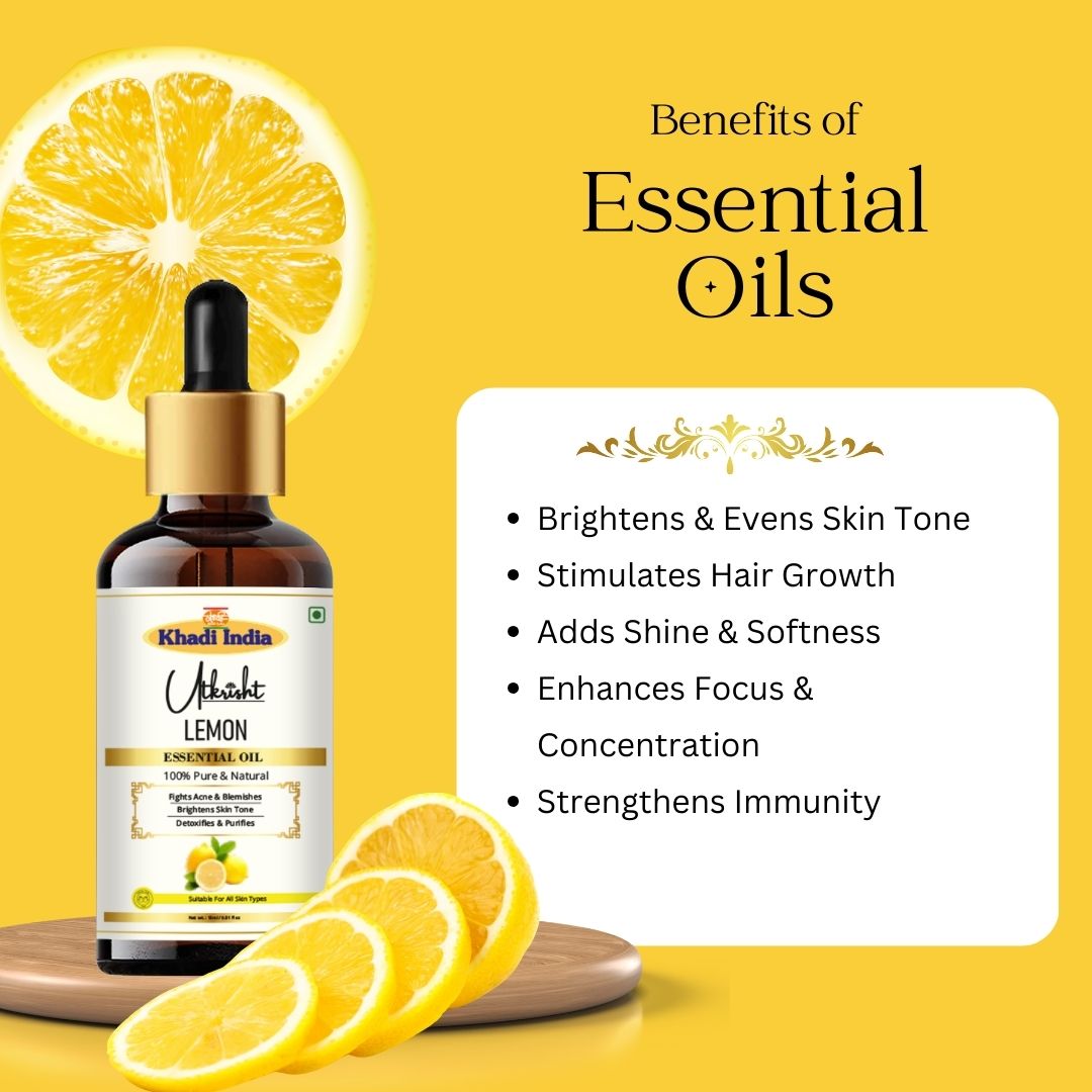 Khadi Lemon Essential Oil | Pure & Natural Lemon Oil for Face & Skin Care | Essential Oil for Oily & Acne-Prone Skin | Brightening & Refreshing Aromatherapy Oil | 15 ml