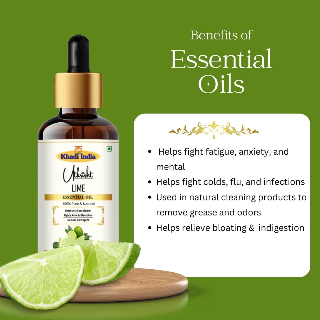 Khadi Lime Essential Oil | Pure & Natural Lime Oil for Face & Skin Care | Essential Oil for Oily & Acne-Prone Skin | Brightening & Refreshing Aromatherapy Oil | 15 ml