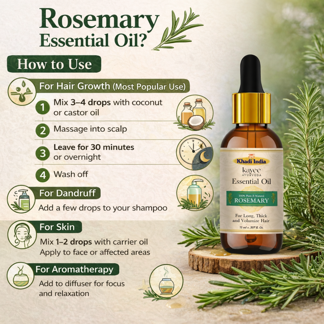 Kayee Ayurveda Rosemary Essential Oil for Hair Care, Aromatherapy, Diffuser & Massage | Refreshing Rosemary Aroma Oil for Scalp & Hair Care, Meditation, Yoga, Spa & Home Fragrance | Multi-Purpose Essential Oil | 15 ml