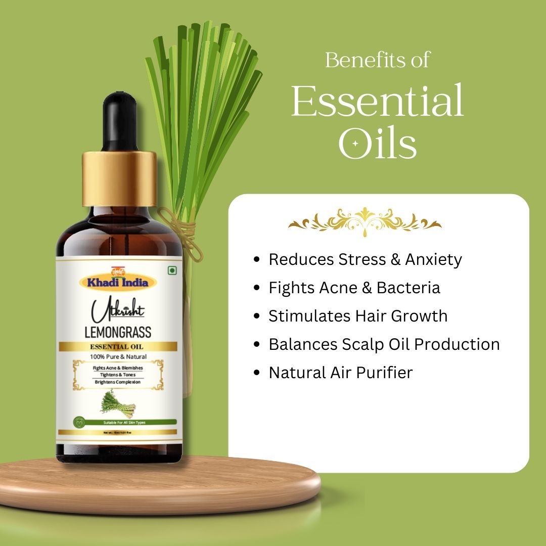 Khadi Lemongrass Essential Oil | Pure & Natural Lemongrass Oil for Face, Skin, Hair & Scalp Care | Essential Oil for Oily & Acne-Prone Skin | Refreshing Aromatherapy Oil | 15 ml