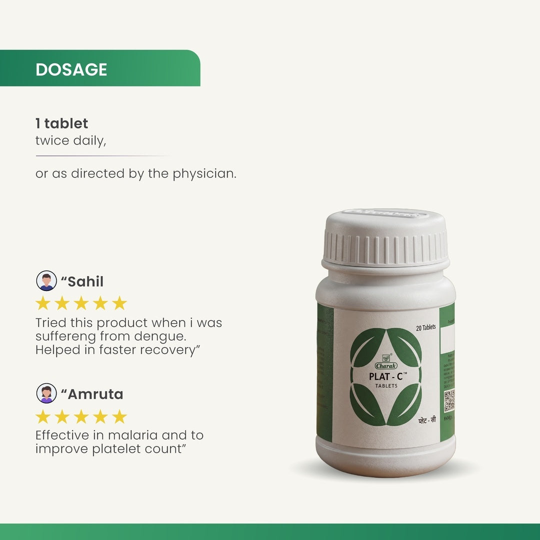 Charak Plat-C Tablets - High-Potency Carica Papaya Leaf Extract for Platelet Support