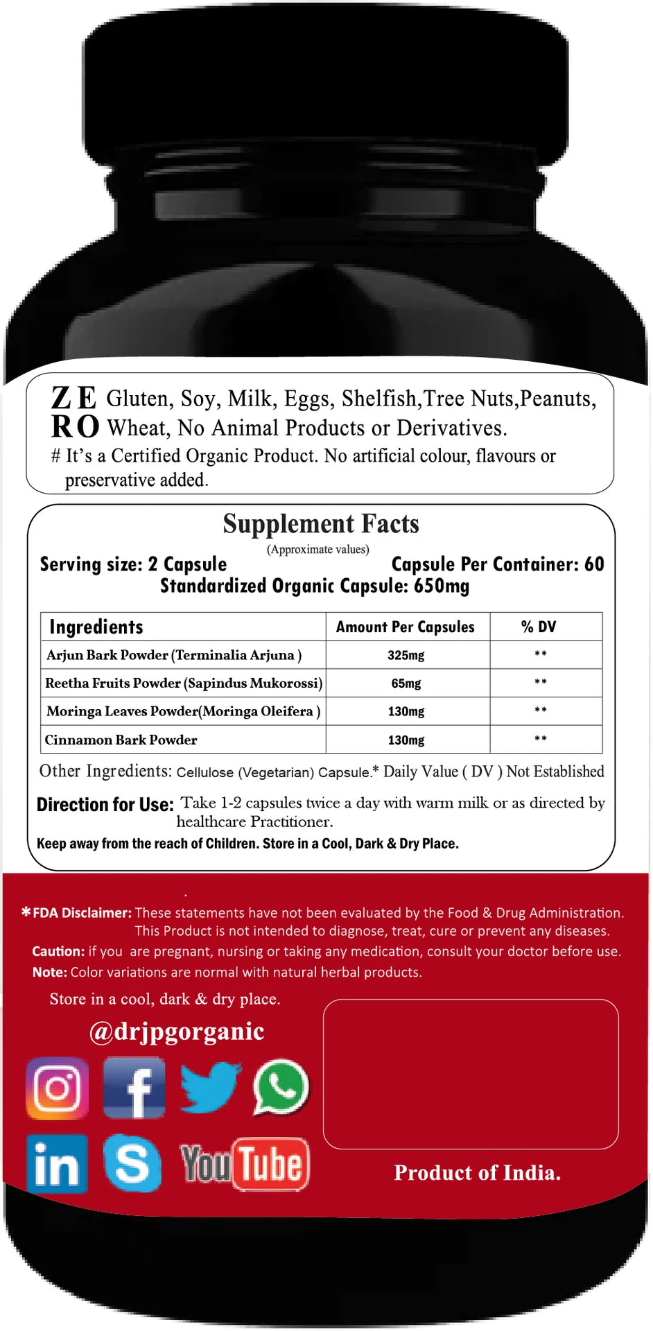 DR. JPG Organic Heart Care Capsules (500mg, 60 Veg Capsules) | For Cardiovascular Health, Blood Pressure & Lipid Management | 100% Certified Organic