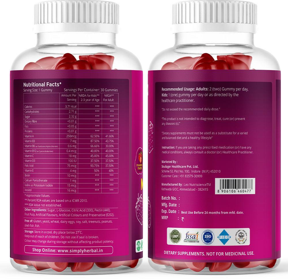 Simply Herbal Multivitamin Gummies Strawberry with 16 Vitamins and Minerals for Growth  – 30 Gummies