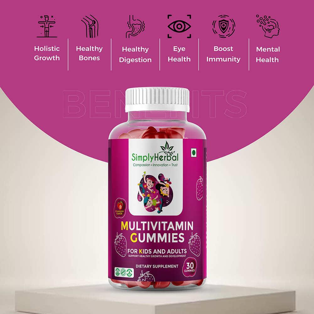 Simply Herbal Multivitamin Gummies Strawberry with 16 Vitamins and Minerals for Growth  – 30 Gummies