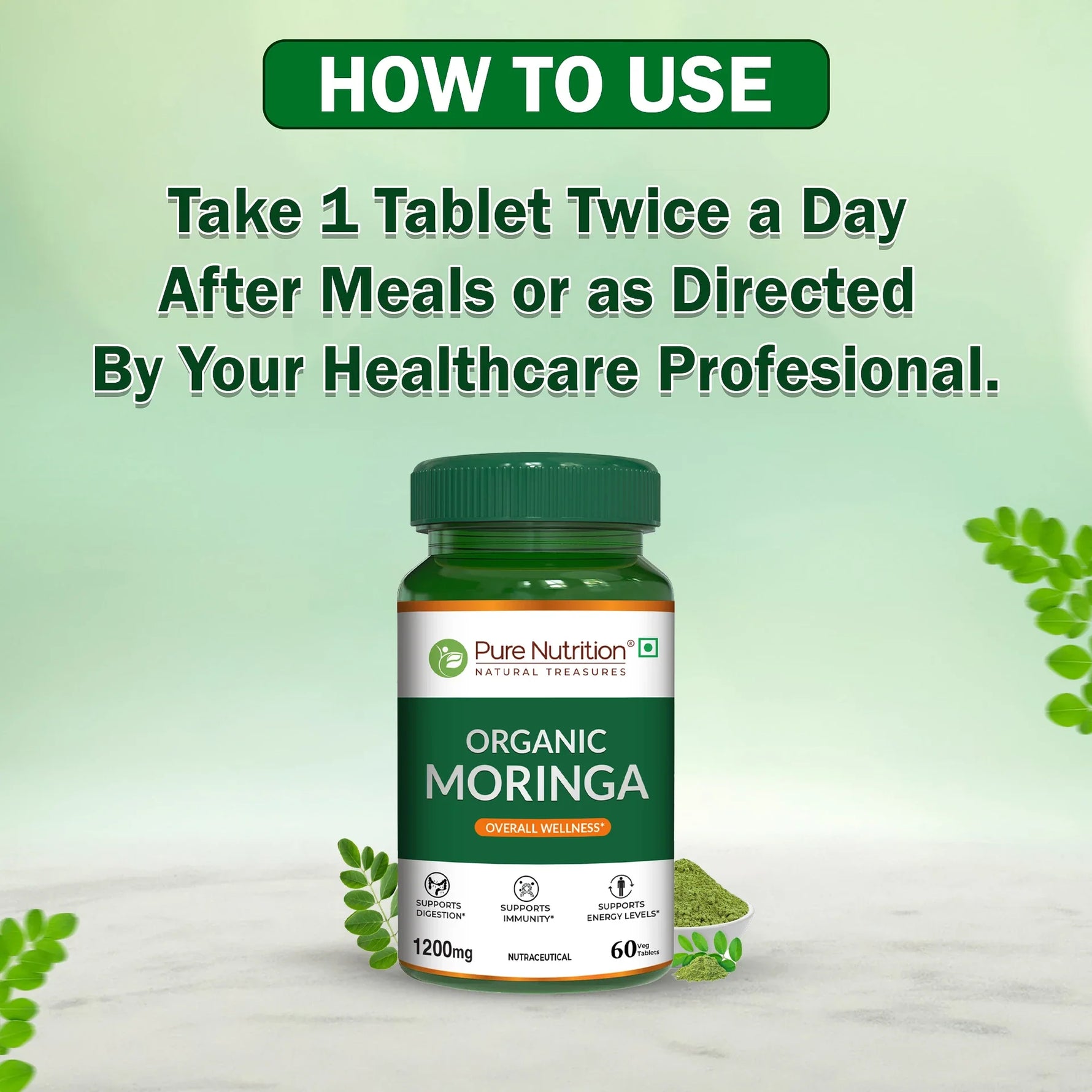 Pure Nutrition Organic Moringa 1200mg - 60 Tabets| Rich in Antioxidants, Vitamins & Minerals | Supports Healthy Digestion, Immunity, Energy Levels & Detox | Superfood Supplement for Men & Women