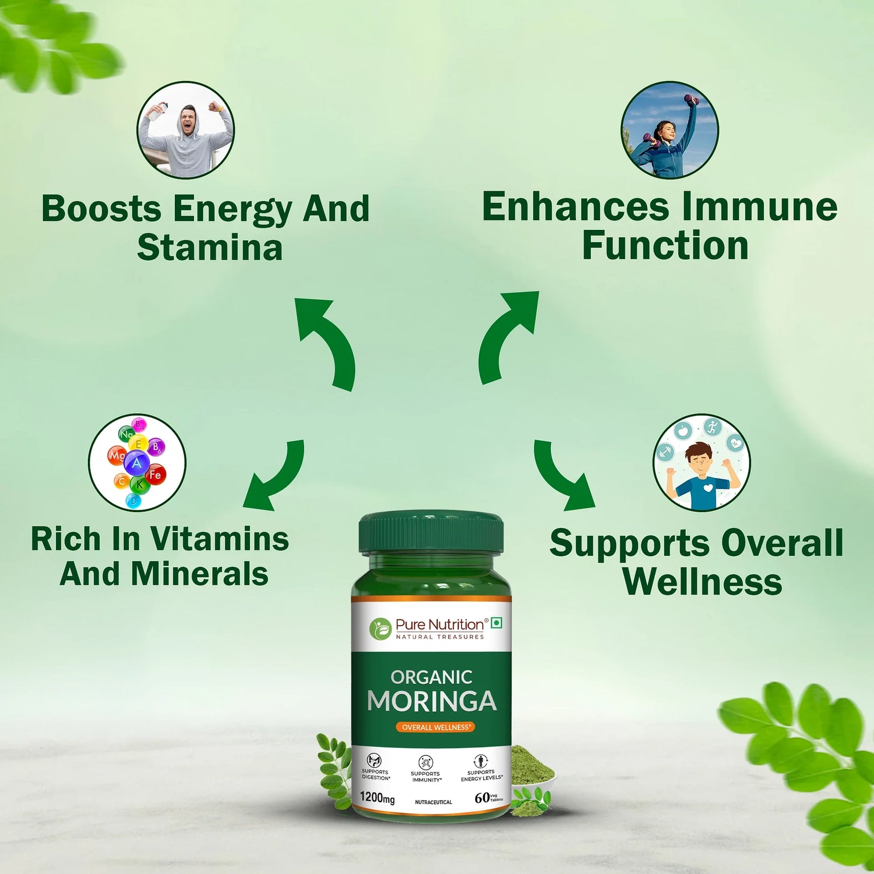 Pure Nutrition Organic Moringa 1200mg - 60 Tabets| Rich in Antioxidants, Vitamins & Minerals | Supports Healthy Digestion, Immunity, Energy Levels & Detox | Superfood Supplement for Men & Women