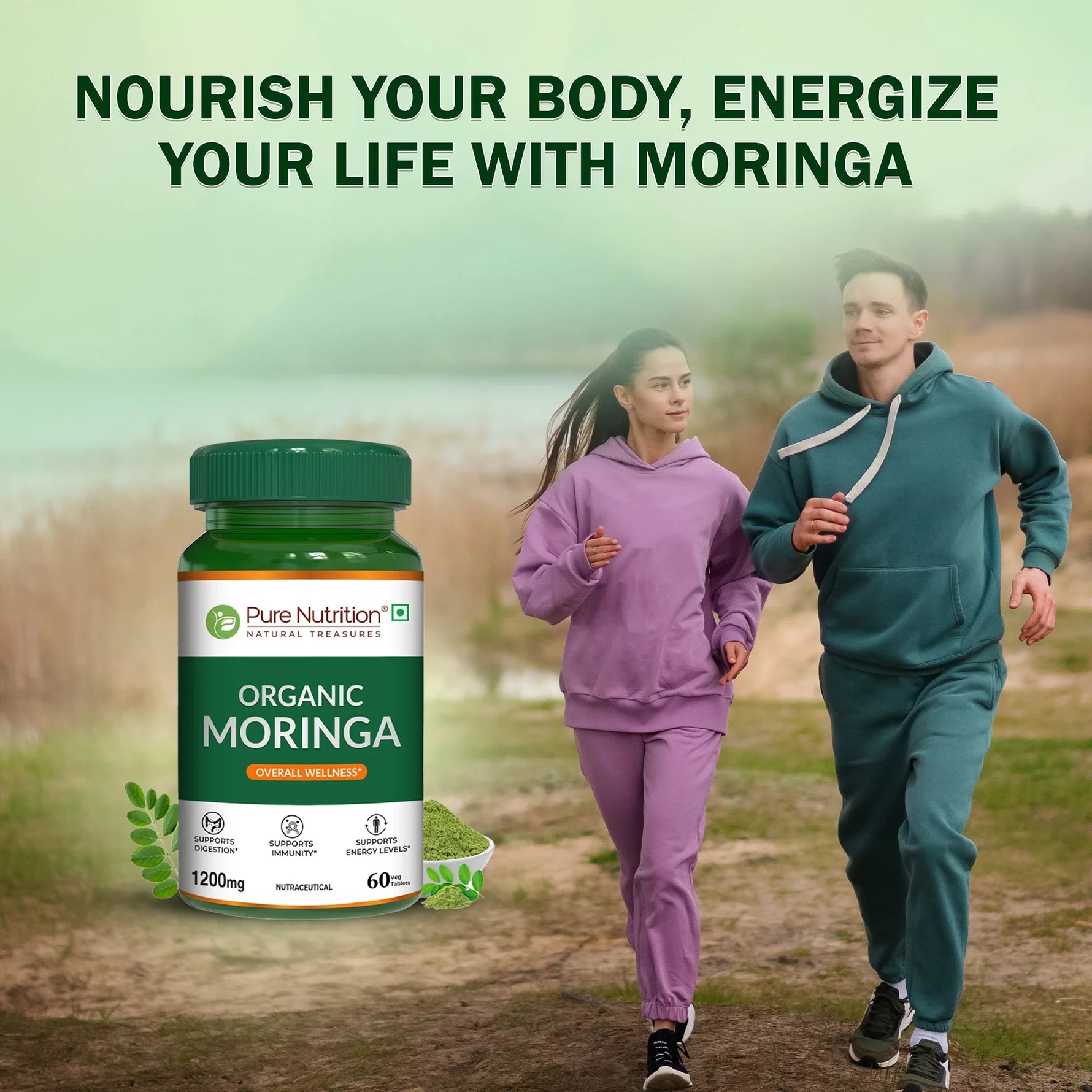 Pure Nutrition Organic Moringa 1200mg - 60 Tabets| Rich in Antioxidants, Vitamins & Minerals | Supports Healthy Digestion, Immunity, Energy Levels & Detox | Superfood Supplement for Men & Women