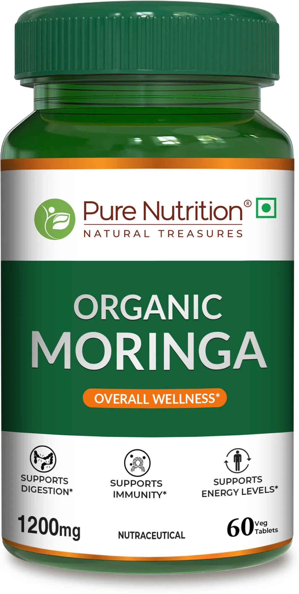Pure Nutrition Organic Moringa 1200mg - 60 Tabets| Rich in Antioxidants, Vitamins & Minerals | Supports Healthy Digestion, Immunity, Energy Levels & Detox | Superfood Supplement for Men & Women
