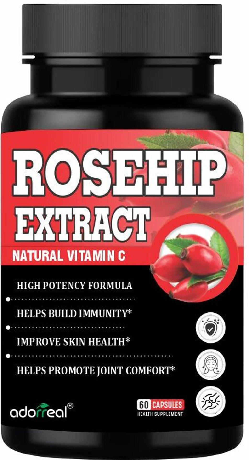Adorreal Rosehip Extract Capsules (60 Capsules) | Joint Mobility, Anti-Inflammatory Support & Skin Radiance with Vitamin C