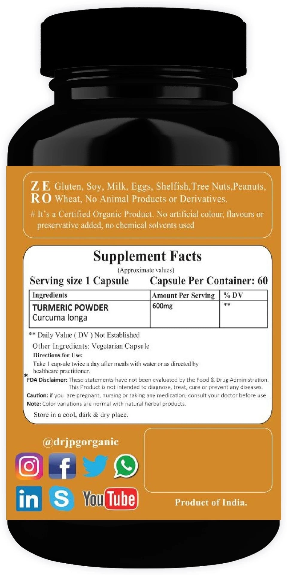 DR. JPG Organic Turmeric Capsules (500mg, 60 Veg Capsules) | For Skin Wellness & Joint Health | 100% Certified Organic