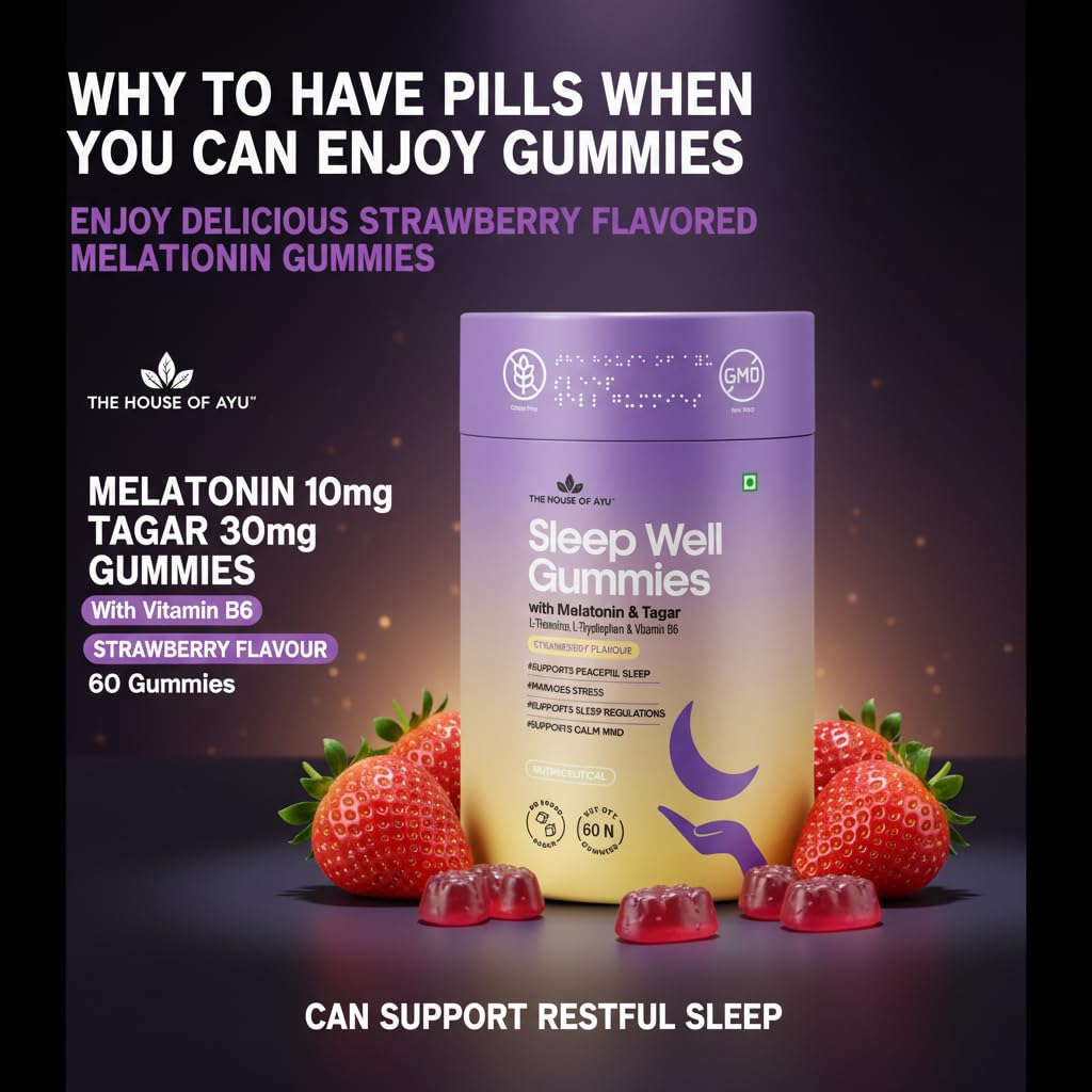 AYU Sleep Gummies with Melatonin 10mg, Tagar Root, Vitamin B6 & L-Tryptophan | Helps Relaxation & Natural restful Sleep | Strawberry Flavor | 60 Veg Gummies