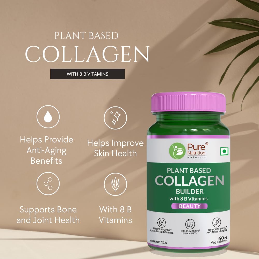 Pure Nutrition Plant based Collagen Builder Tablets with 8 B Vitamins, Biotin & Vitamin C for Glowing Skin, Strong & Healthy Hair, Nails, Bones & Joints - 60 Veg Tablets
