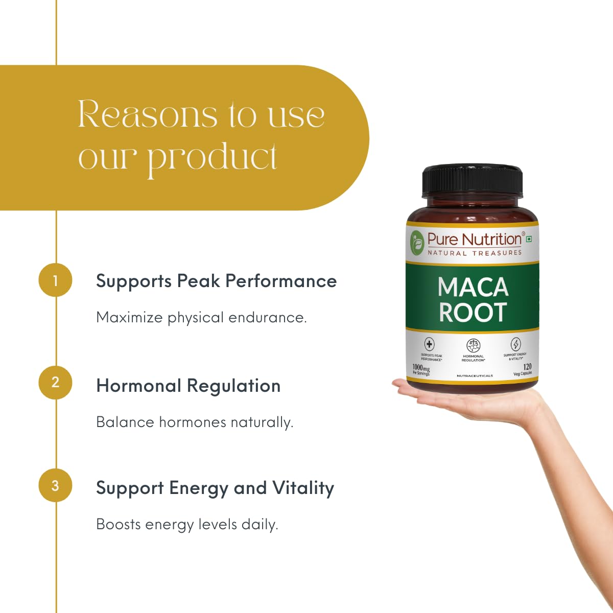 Pure Nutrition Maca Root 1000mg for Promoteing Reproductive Health, Improves Energy and Enhances Performance - Pack of 1 (120 Capsules)