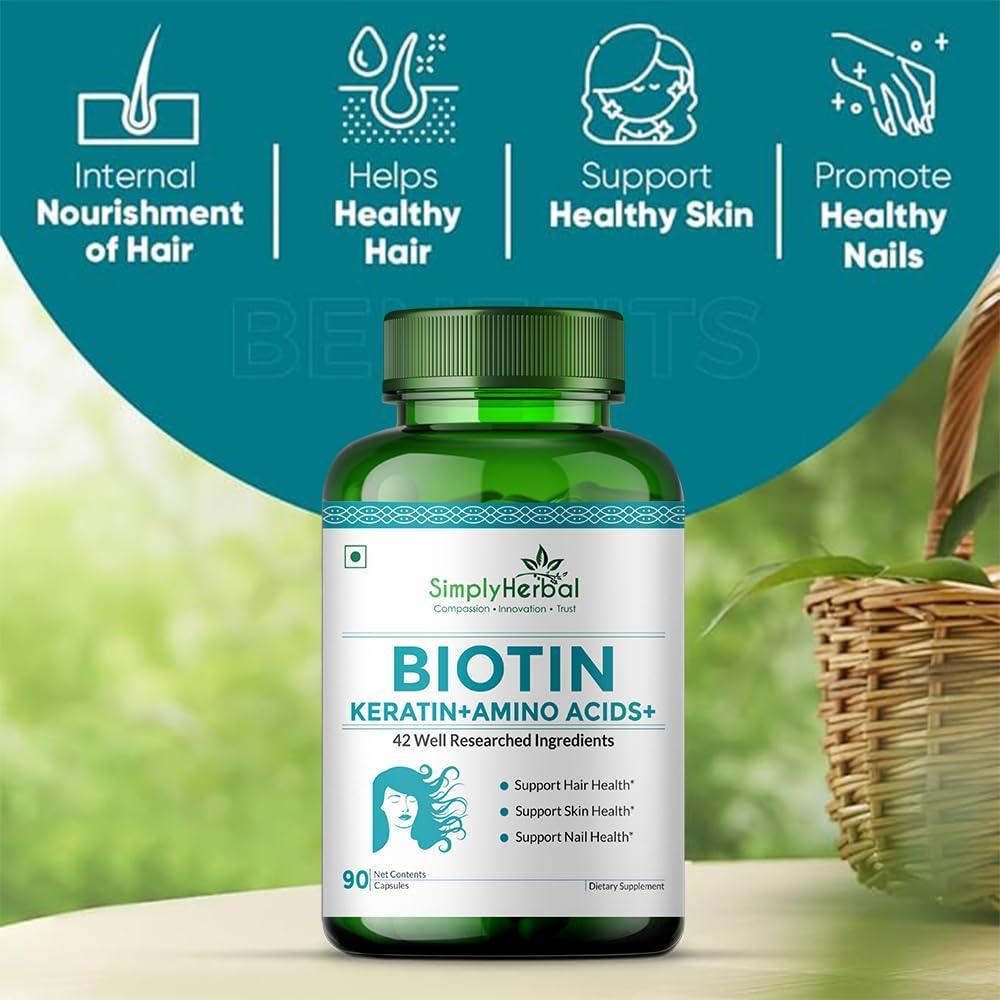 Simply Herbal Biotin 10000mcg Capsule With Keratin & Amino Acids for Hair, Skin & Nails (90 Capsules)
