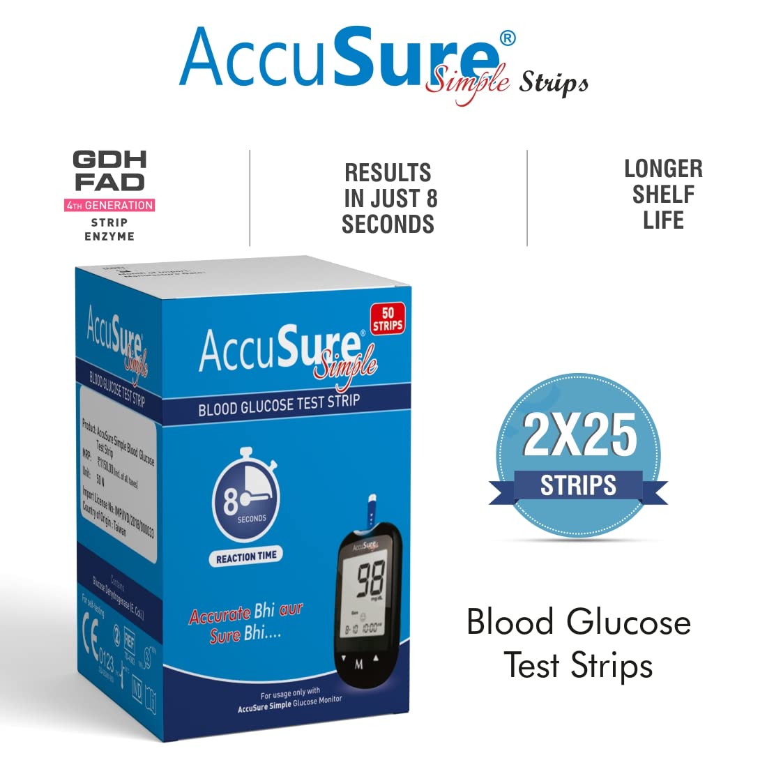 AccuSure Simple Blood Glucose Test Strip (Only Strip) | Diabetes Monitoring Devices
