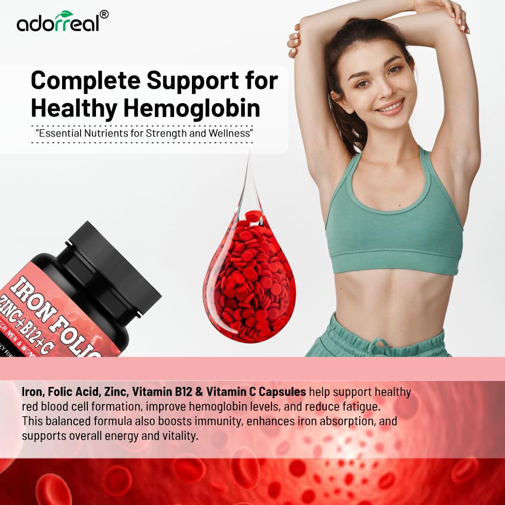 Adorreal Iron Folic Capsules (60 Capsules) | Gentle Iron Supplement for Hemoglobin, Energy & Red Blood Cell Health