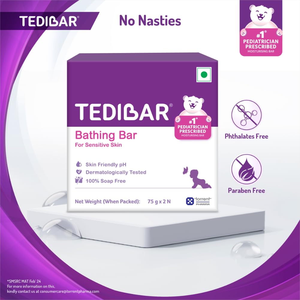 Tedibar Baby Bathing Bar for Sensitive Skin | Soap Free - 75gm - Pack of 2