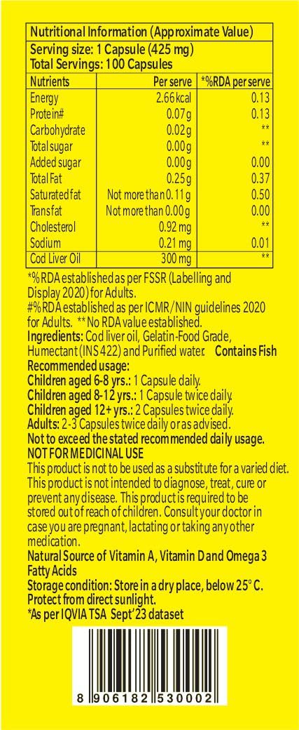 Seacod Cod Liver Oil Capsule 300 mg | Omega-3, Vitamins D & A | Immune & Heart Health