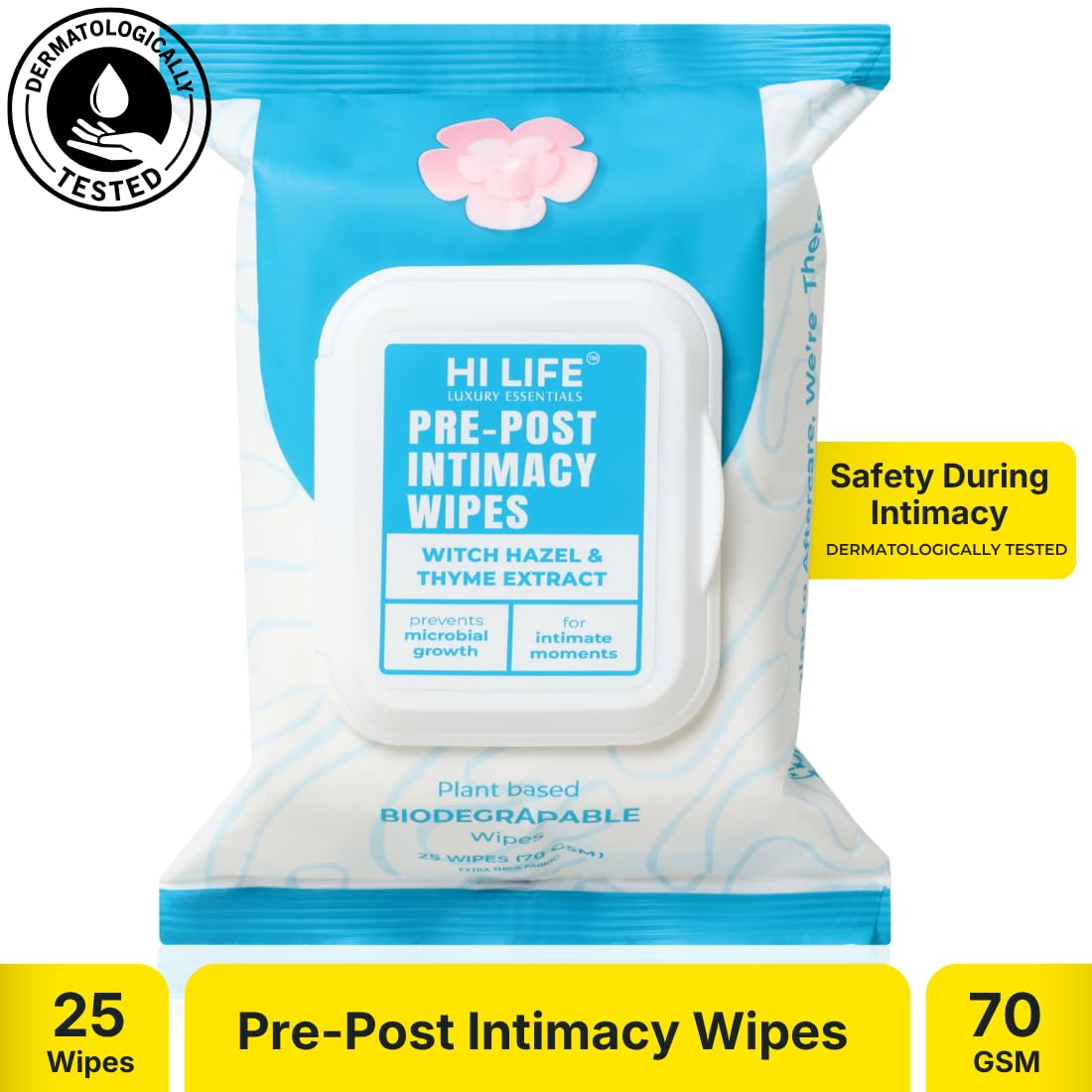 Hi Life Pre & Post Sex Wipes | pH-Balanced Intimate Care Wipes for Men & Women with Witch Hazel & Thyme Extract (Pack of 25)