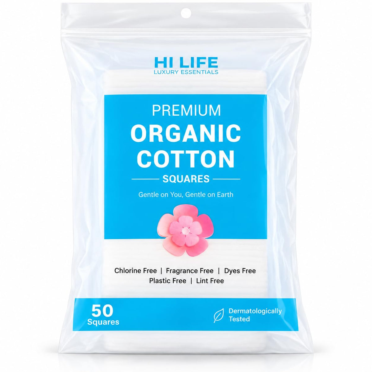 Hi Life Organic Cotton Makeup Remover Pads (Square, Pack of 25) | 100% Pure Organic Cotton Facial Cleansing & Toning Pads
