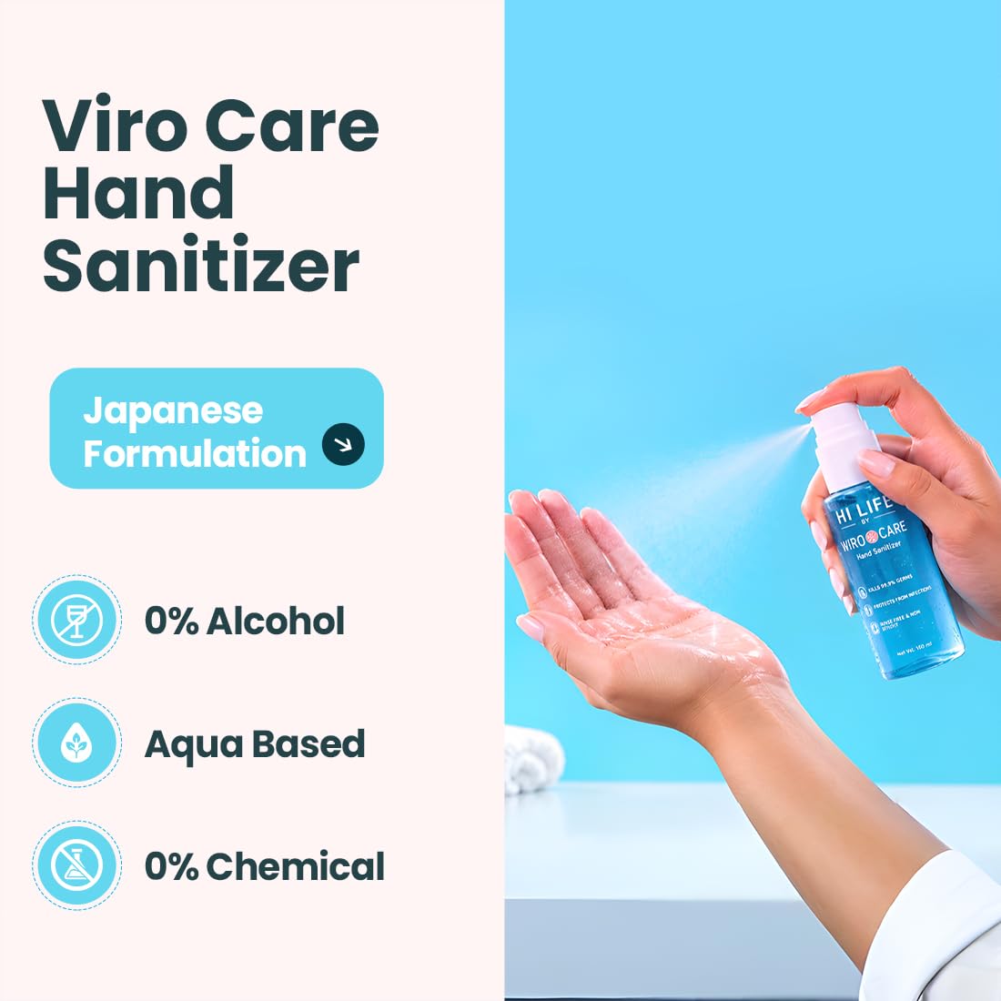 Hi Life Virocare Hand Sanitizer 60ml | 100% Alcohol-Free Water-Based Antimicrobial & Antiviral Spray
