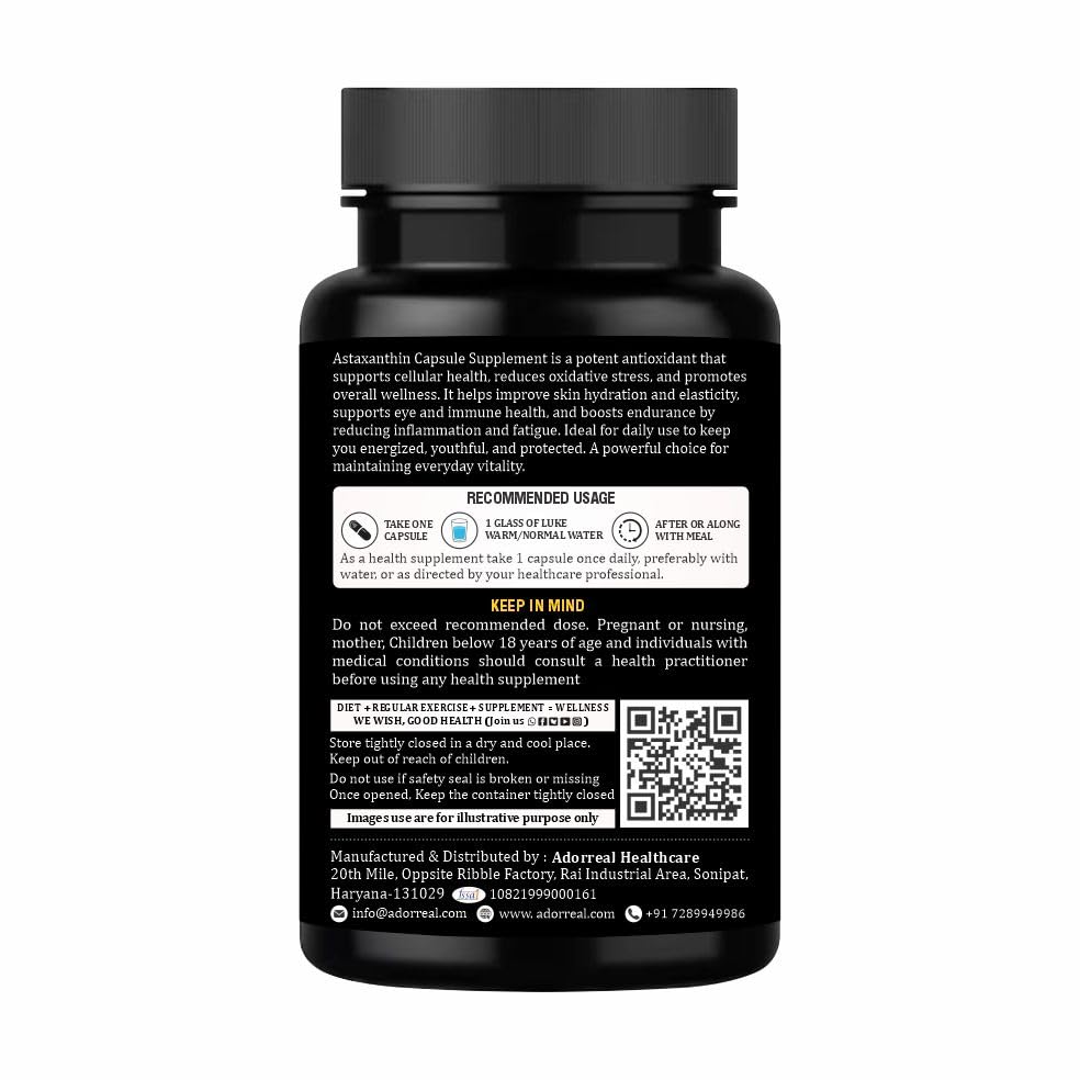 Adorreal Astaxanthin Capsules (60 Capsules) | King of Antioxidants, Skin Health, Eye Protection & Joint Recovery