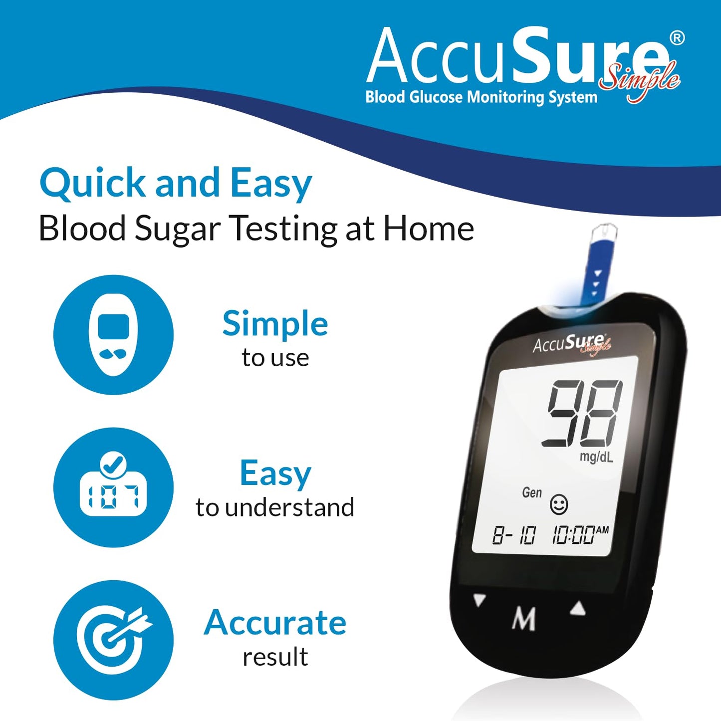 AccuSure Simple Digital Glucometer Kit |with 25 Strips, 10 Lancet,1 Lancing device for Accurate Blood Glucose Sugar Testing Machine