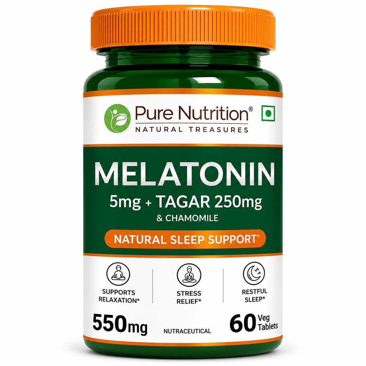 Pure Nutrition Melatonin 5mg with Tagar & Chamomile, 120 Tablets | Sleep Support
