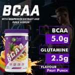 Pure Nutrition Sports BCAA supplement 2:1:1, Fruit Punch Flavor with L-Glutamine, Electrolytes, Grapeseed & Piperine, Sugar Free Amino Acid Supplement, Workout Muscle Recovery Drink for Muscle Growth, 250g, 23 Servings