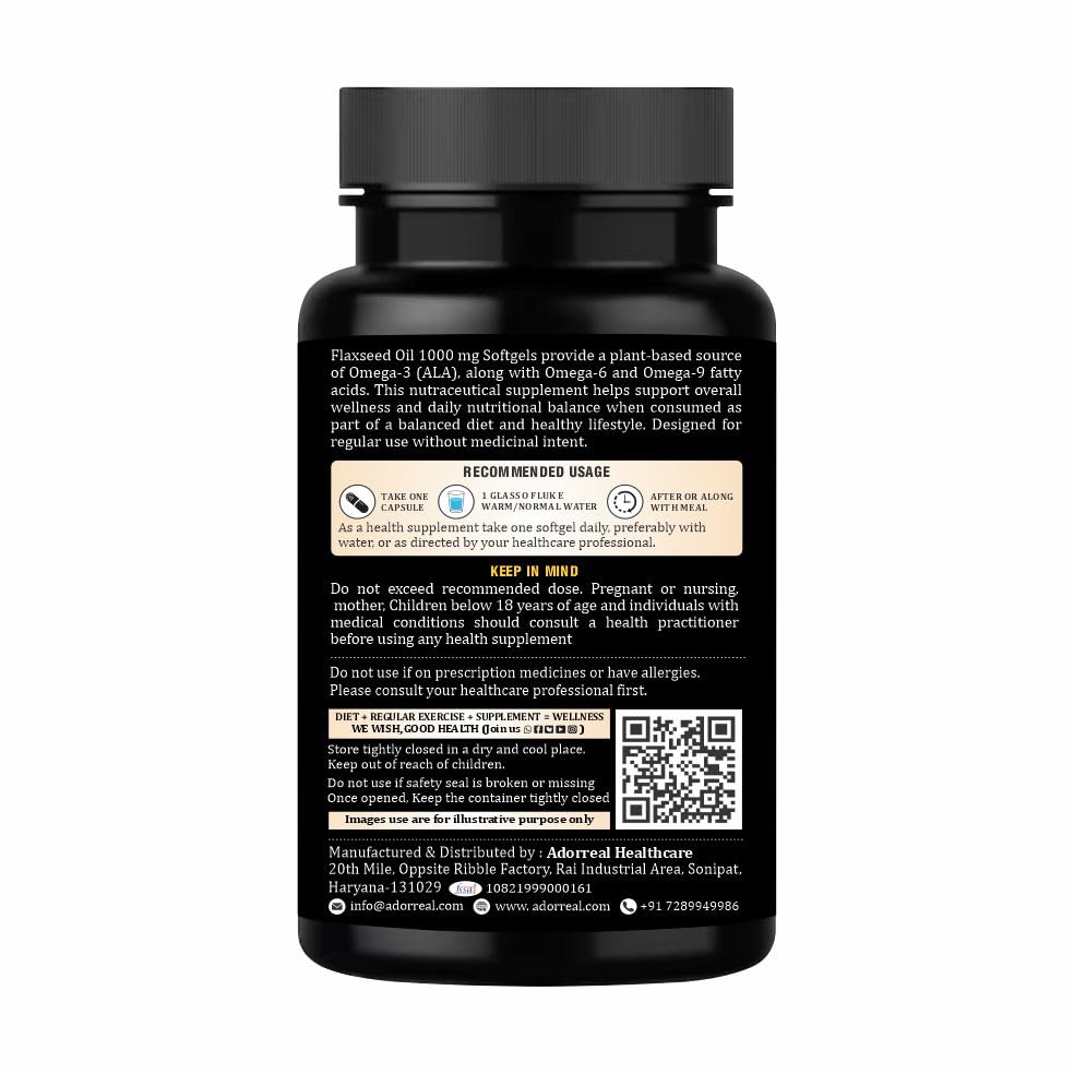 Adorreal Flaxseed Oil Softgels (30 Softgels) | Plant-Based Omega 3-6-9 for Heart Health, Joint Comfort & Skin Radiance