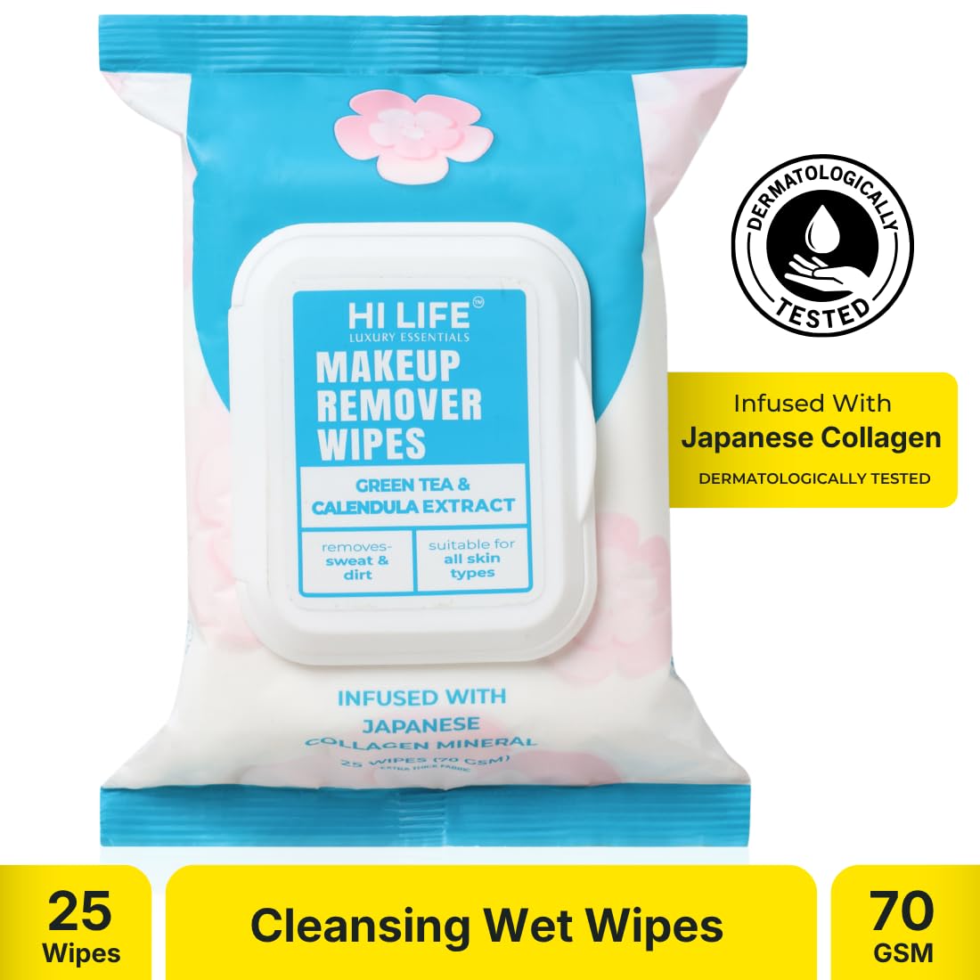 Hi Life Luxury Makeup Remover Wet Wipes with Green Tea & Calendula | Silica Collagen Support & Waterproof Makeup Removal (Pack of 25)