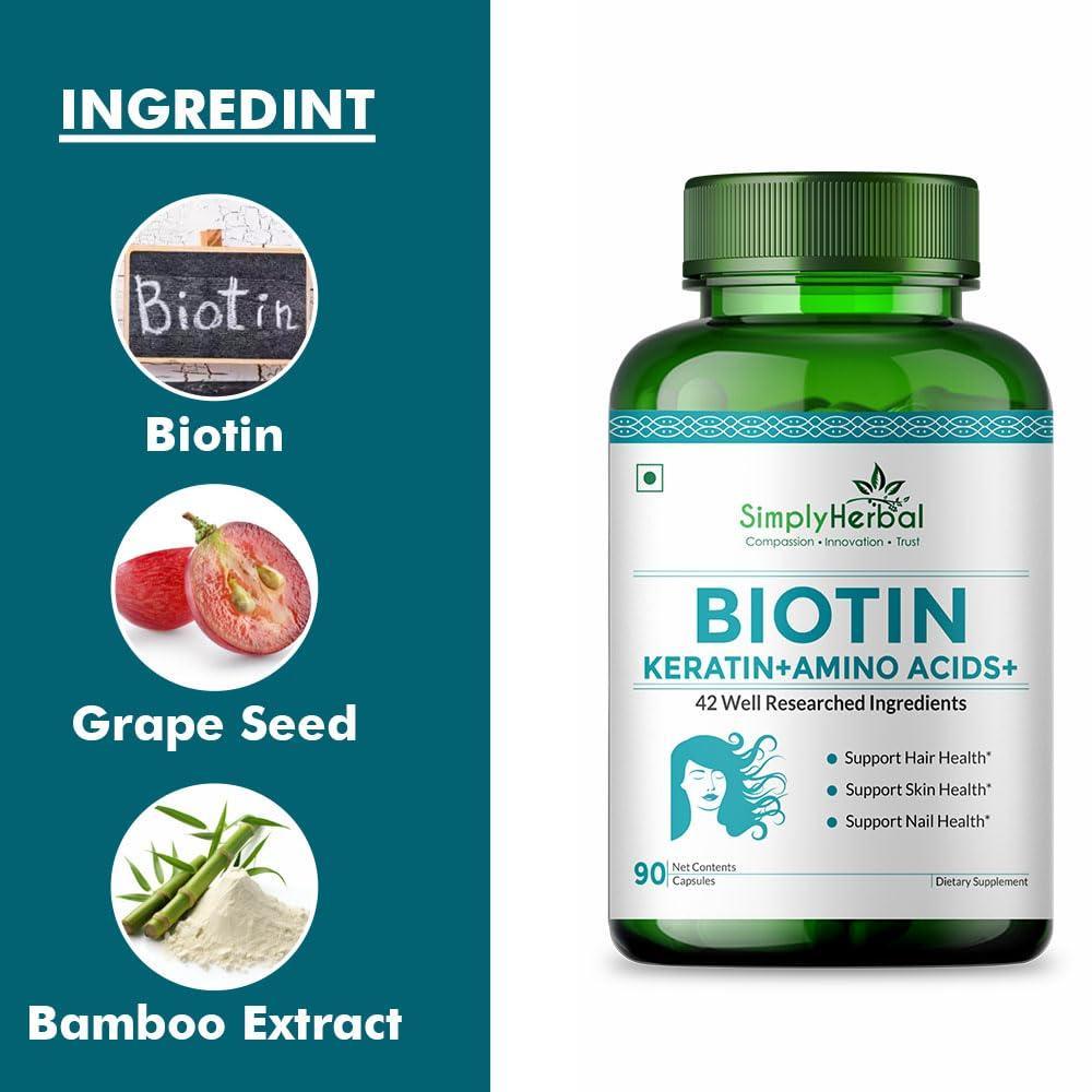 Simply Herbal Biotin 10000mcg Capsule With Keratin & Amino Acids for Hair, Skin & Nails (90 Capsules)